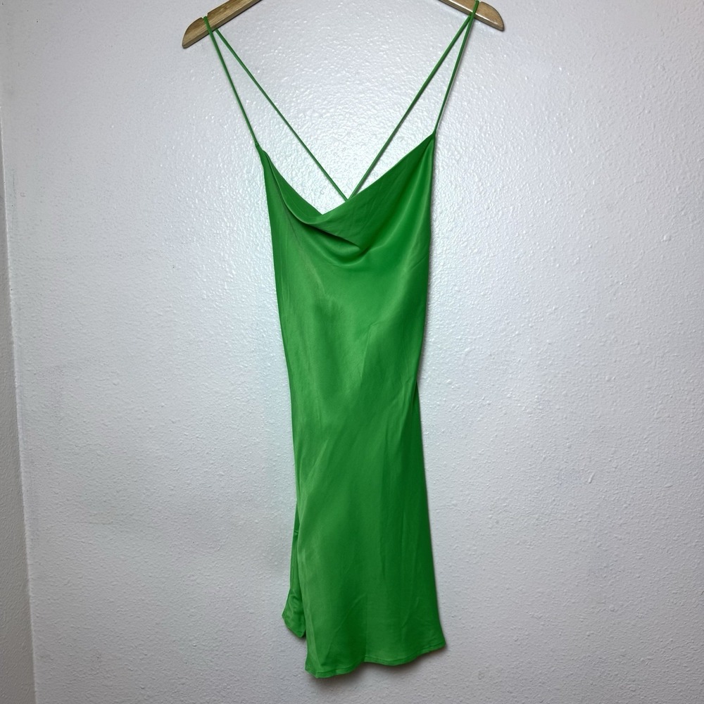 Zara Size Medium Green Satin Effect Slip Mini Dress Cowl Neck Crisscross Straps